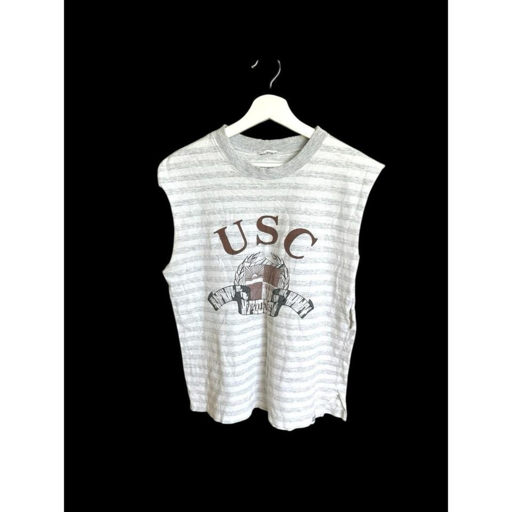 USC Vintage Cutoff Shirt 90's Striped Grey White Distressed Sz Medium *flaws Vtg